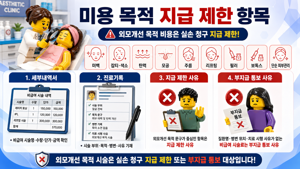 미백, 잡티, 리프팅, 필러, 보톡스 등 미용 목적 시술의 실손 지급 제한 기준 인포그래픽