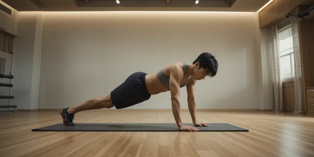 미니멀 체육관에서 트레이너가 사이드 플랭크 리치스루를 시연하며 코어 정렬과 호흡 포인트를 강조한 장면