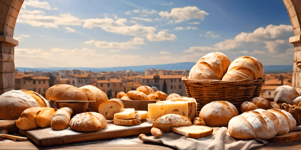 벽돌건물 넓은 창가에 두툼한 빵들이 가득 진열됐다. 파란 하늘이 멀리 보인다.