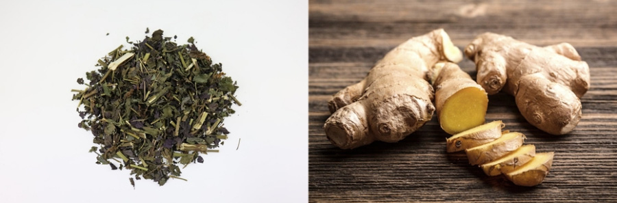 왼쪽은 소엽나무의 잎과 줄기를 잘 세척하여 잘게 잘라놓은 자소엽 사진이고&#44; 오른쪽은 생강나무의 뿌리를 잘 세척한 후에 통생강 1개와 통생강 일부를 편으로 썰어놓은 생강 1개를 두고 찍은 사진