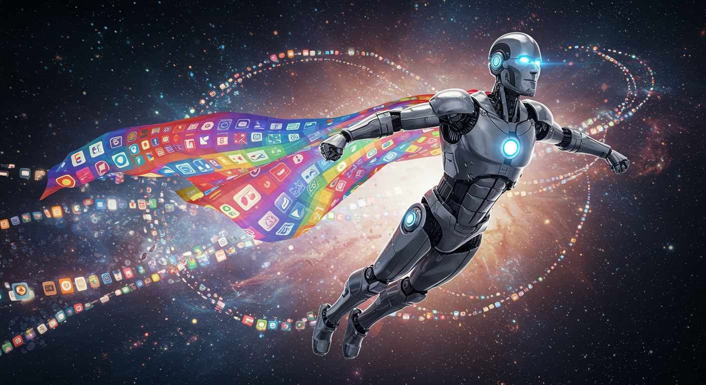 A superhero robot wearing a multicolor Google logo cape, flying across an abstract galaxy of apps and data streams
