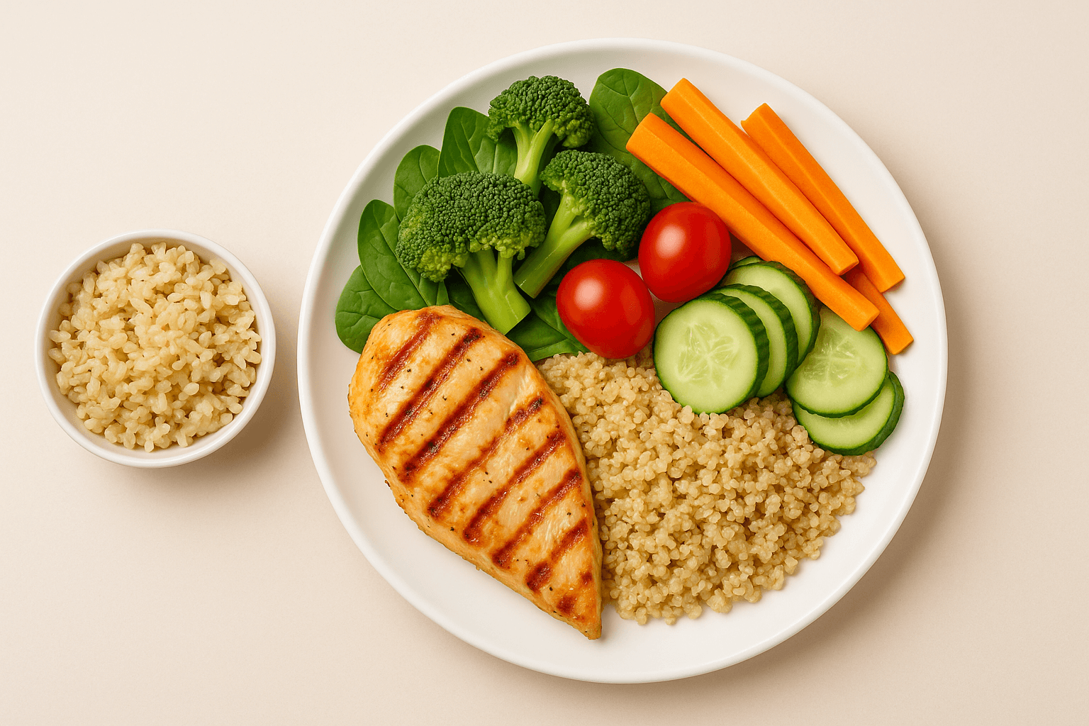 접시에 담긴 현미밥, 닭가슴살, 생야채 구성의 혈당 조절 식단