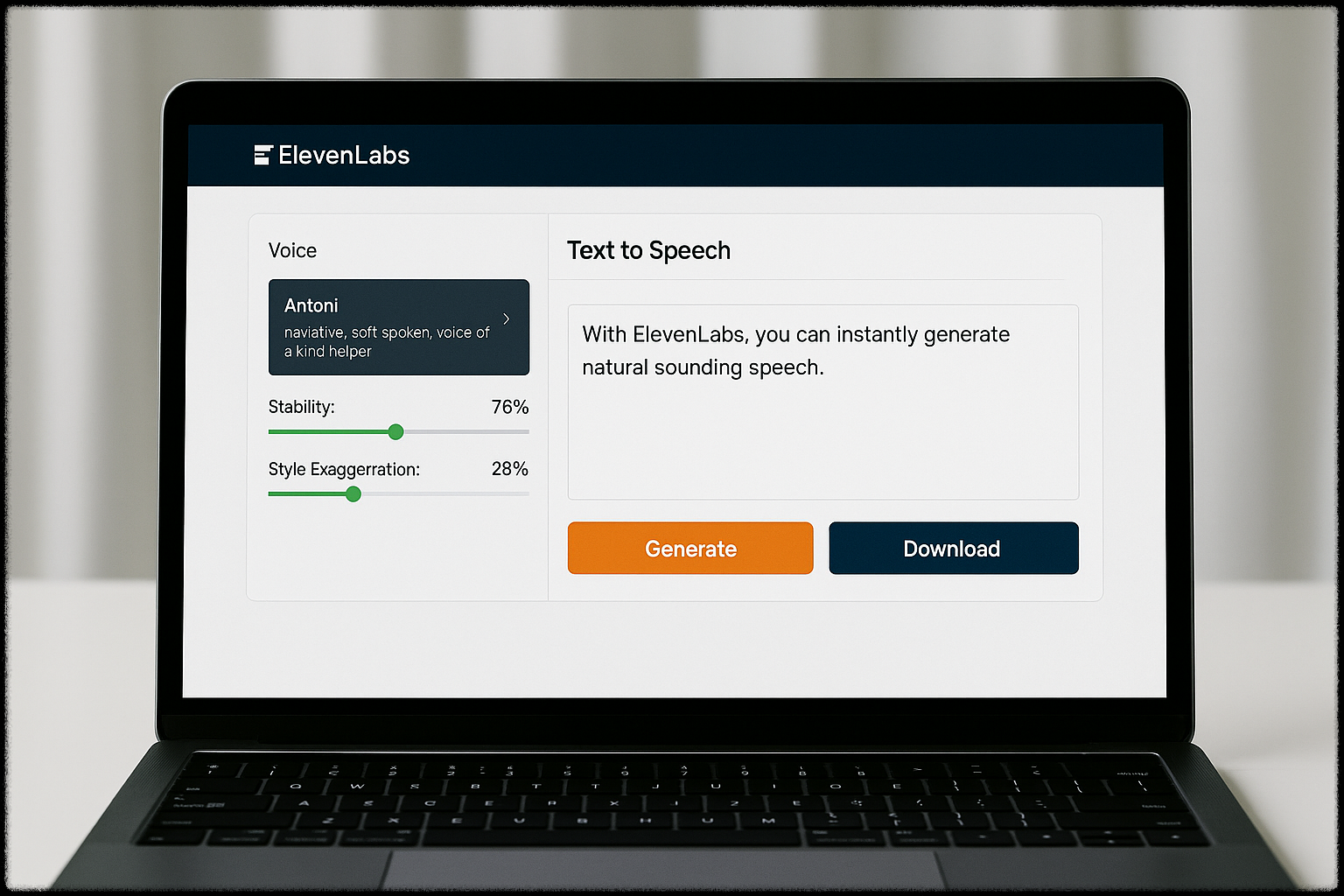 일레븐랩스 음성 인터페이스가 실행된 노트북 화면