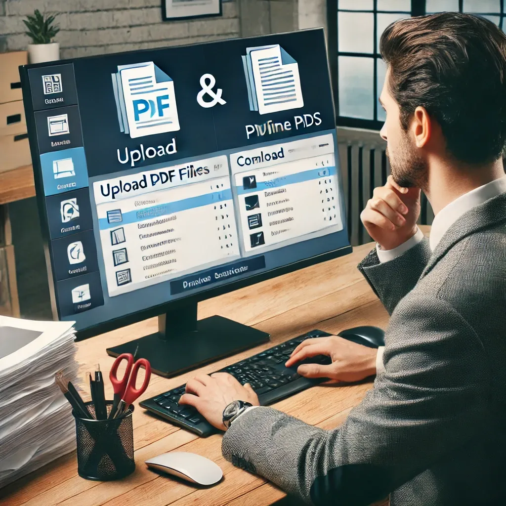 PDF 병합 과정을 보여주는 노트북과 깔끔한 업무 환경