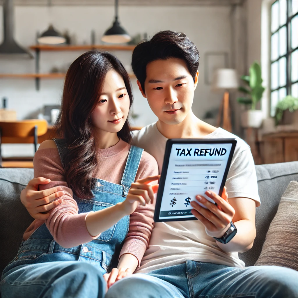 거실 소파에서 함께 세금 환급을 확인하는 한국 부부