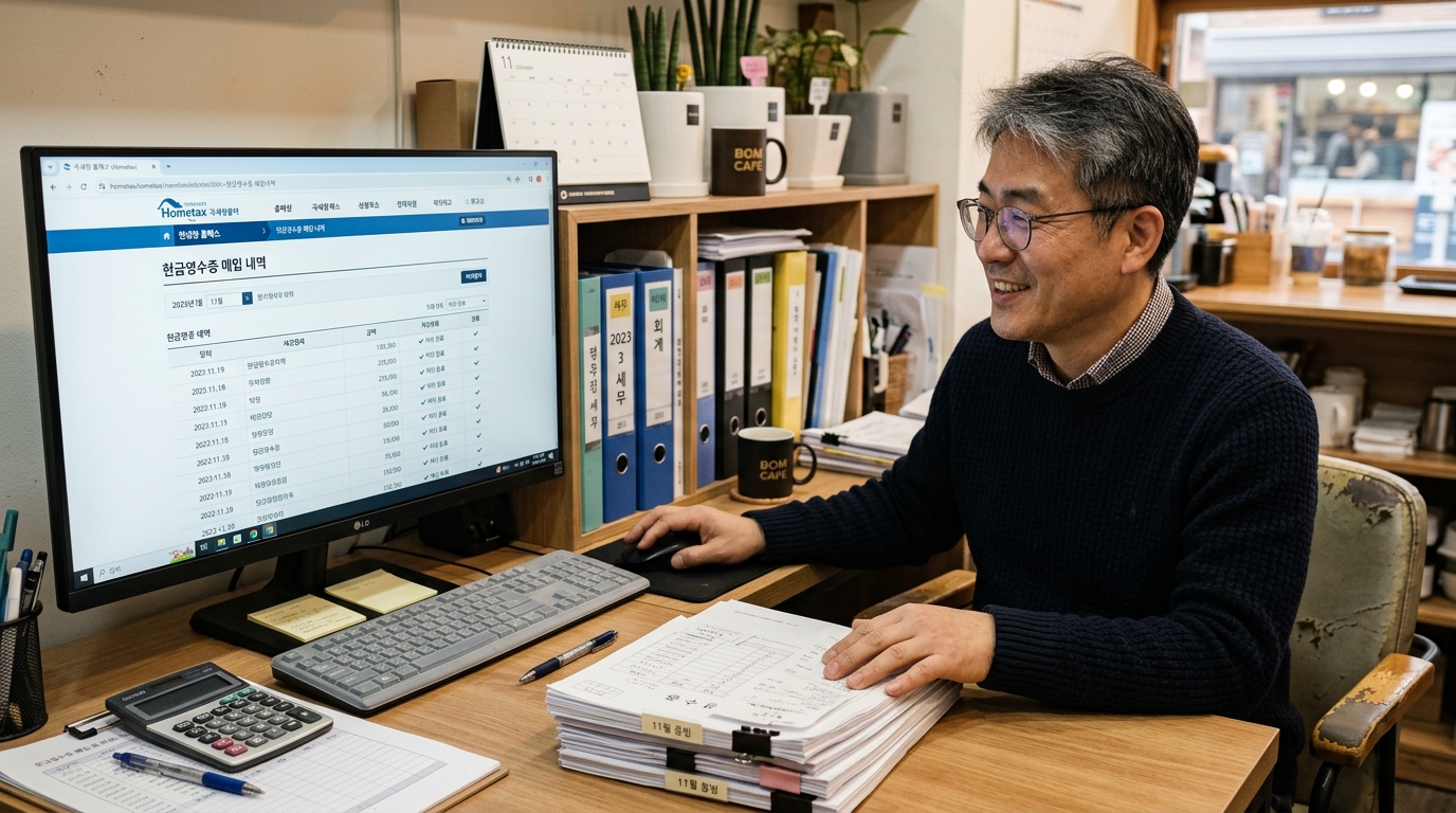 종합소득세 신고 시 필요경비 인정을 위해 영수증 증빙을 철저히 관리하는 한국인 사업자.
