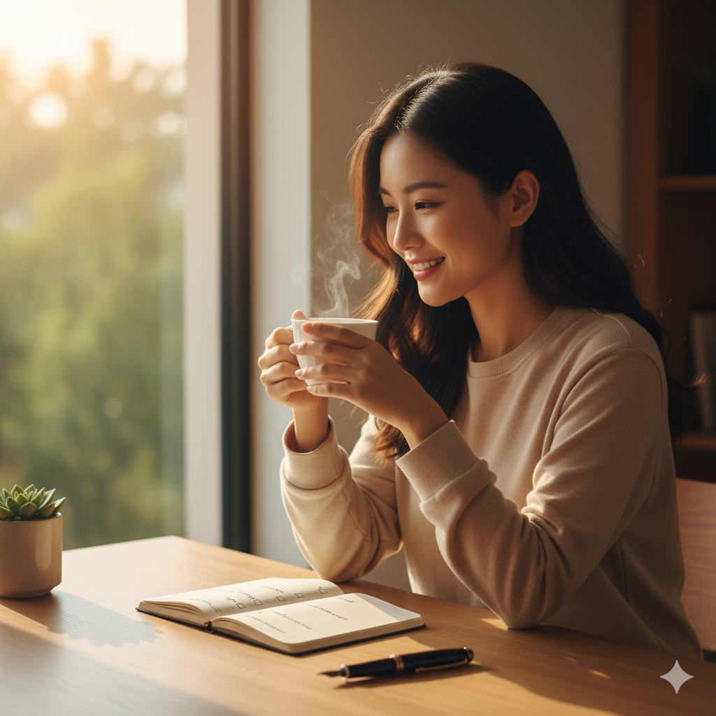 깔끔한 책상 위, 손으로 직접 쓴 아침 목표를 바라보며 커피를 마시며 활기차게 하루를 계획하는 지적인 20대 여성 모델.