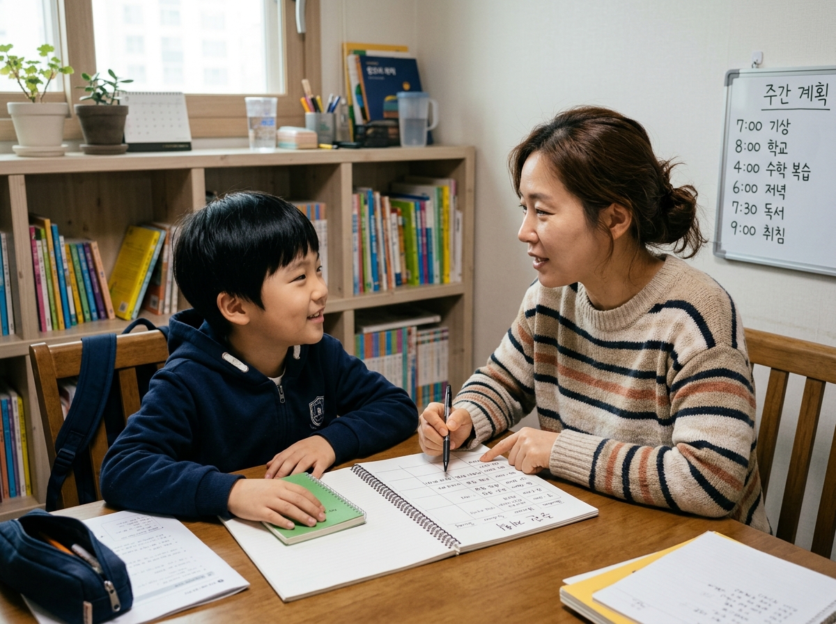 학부모와 초등학생이 대화하며 공부 순서를 계획하는 모습
