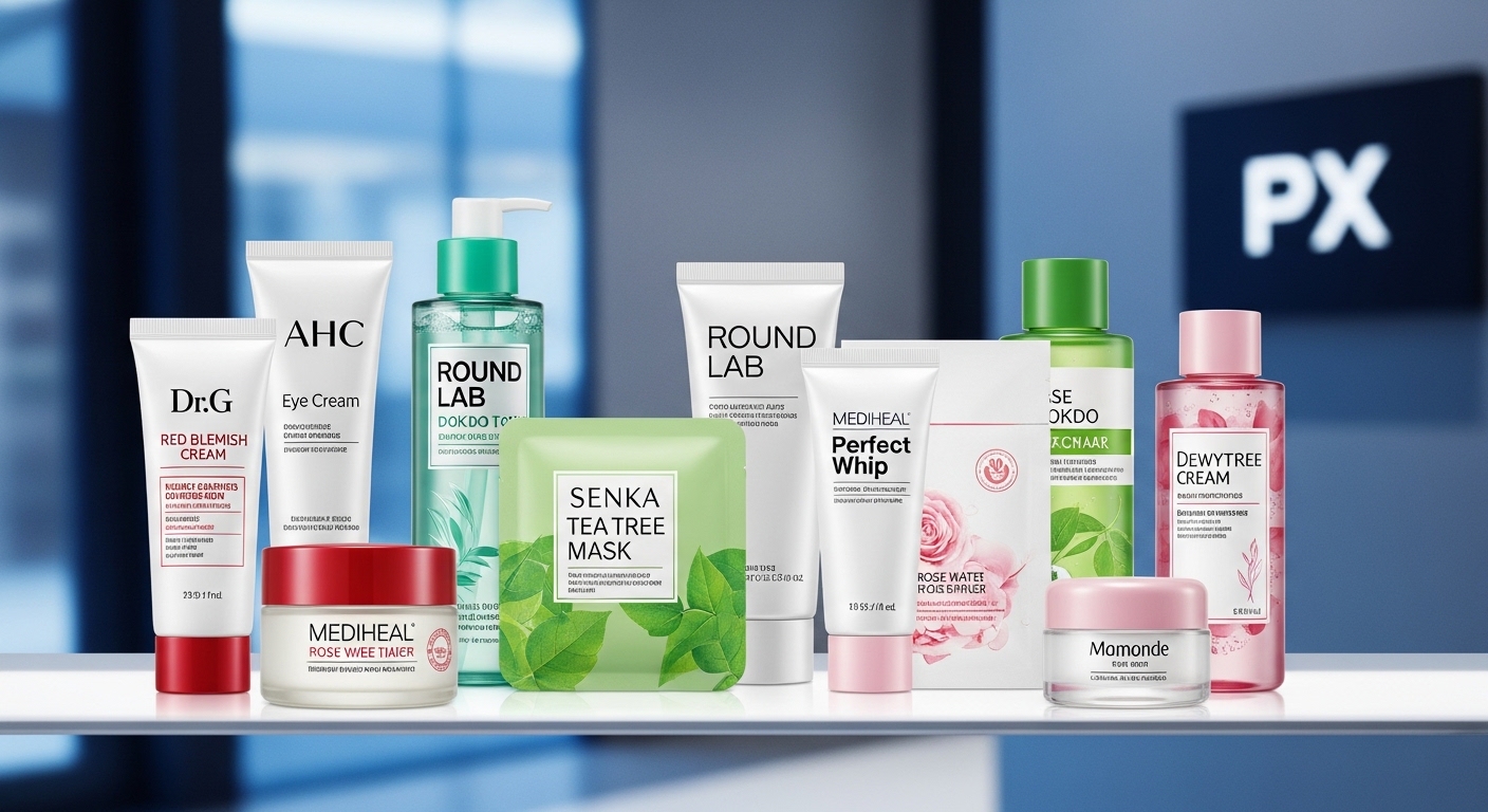 PX 베스트셀러 화장품 진열대에 놓인 닥터지 레드 블레미쉬, 독도 토너, AHC 아이크림 등 인기 제품들.