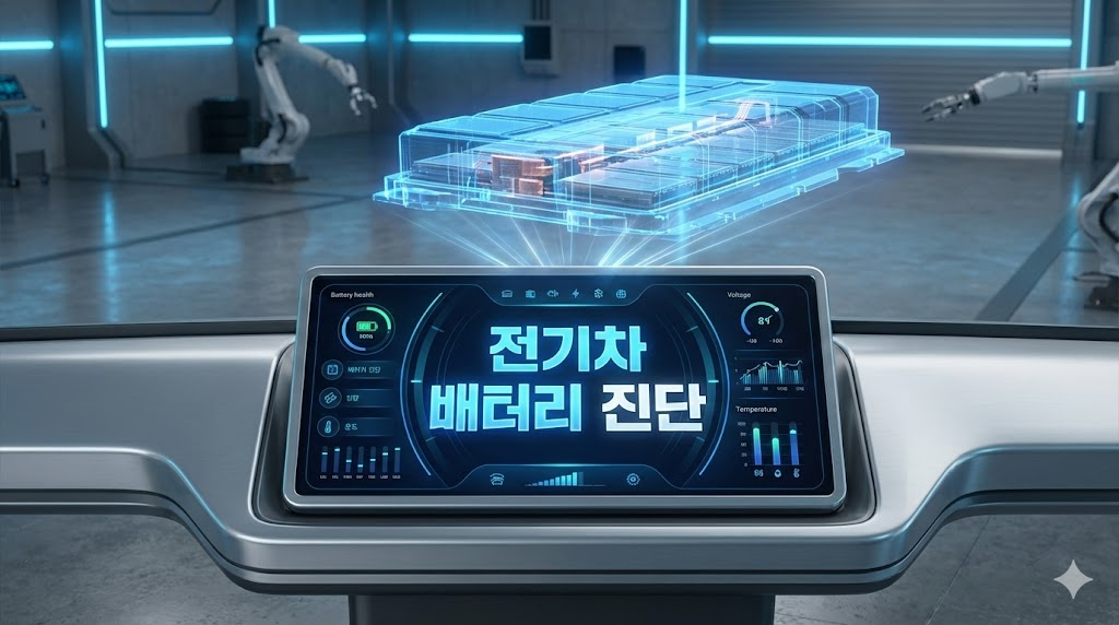전기차 배터리 진단 화면이 표시된 하이테크 인포그래픽 이미지