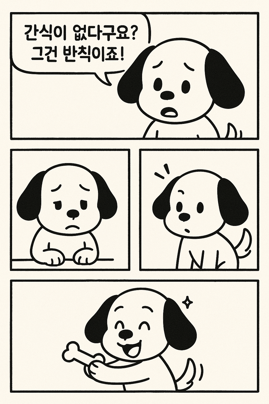 귀엽고 단순한 흑백 일러스트 스타일의 강아지 캐릭터에 '간식이 없다구요? 그건 반칙이죠!' 라는 말을 표시하고, 그 다음 3컷을 구상해서 코믹한 4컷 만화를 고해상도 이미지로 생성해줘