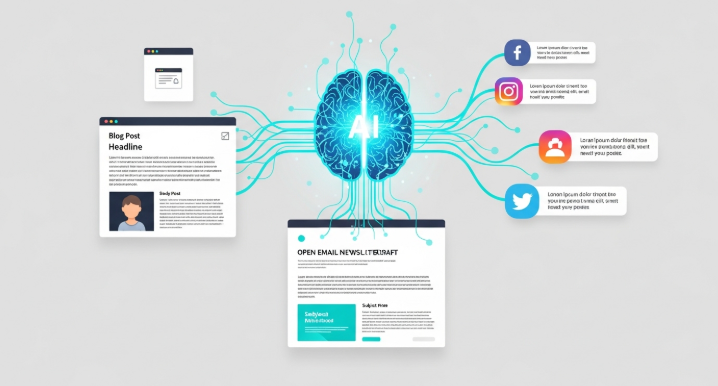 AI가 블로그 글, 소셜 미디어 게시물, 이메일 뉴스레터 등 다양한 콘텐츠를 자동으로 생성하는 과정을 시각적으로 표현한 이미지.
