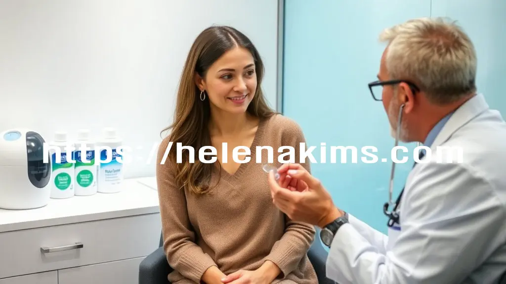 안과에서 여성이 콘택트렌즈를 의사와 상담하고 있는 모습.