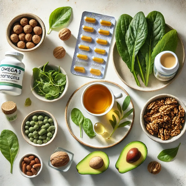 오메가3, 잎채소, 아보카도 등 지루성 피부염 완화에 도움 되는 식재료 정물 컷