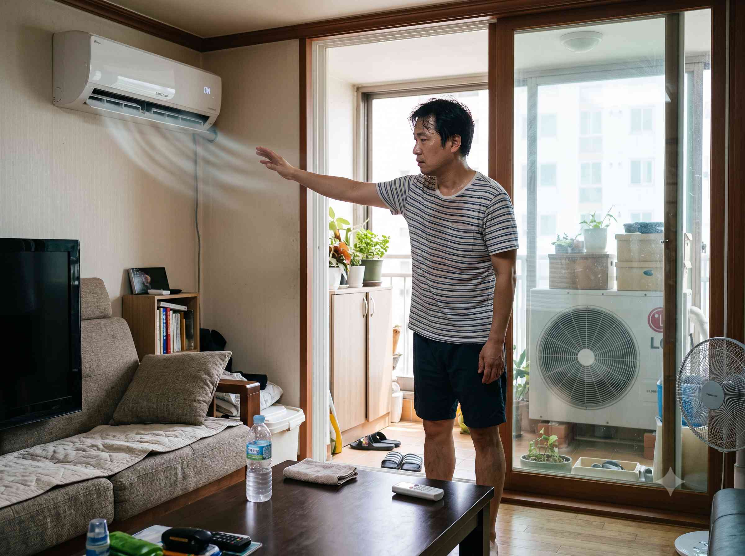 무더운 여름 거실에서 에어컨 바람이 시원하지 않아 창밖의 멈춘 실외기를 걱정스럽게 확인하는 모습