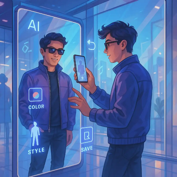 색상, 스타일, 저장 옵션이 인터페이스에 표시된 미래형 피팅룸 일러스트