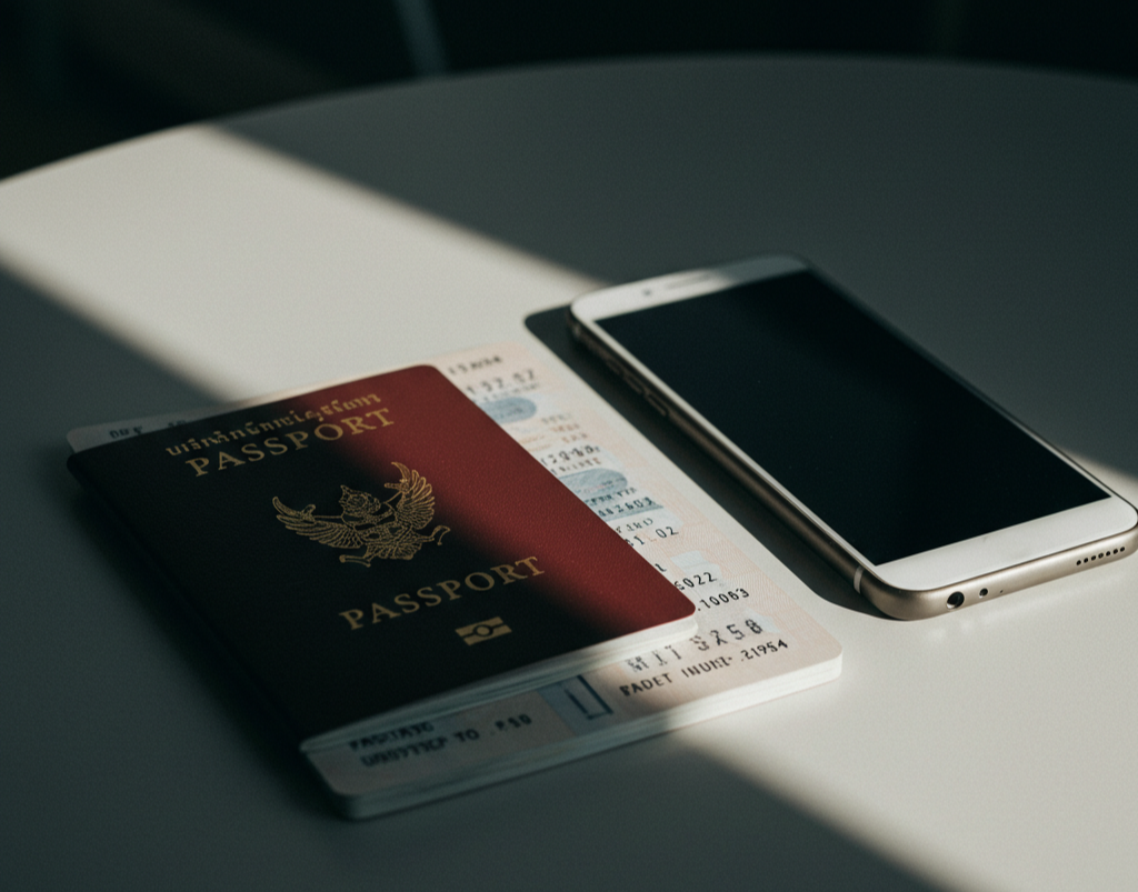 책상위에 놓여진 여권과 핸드폰