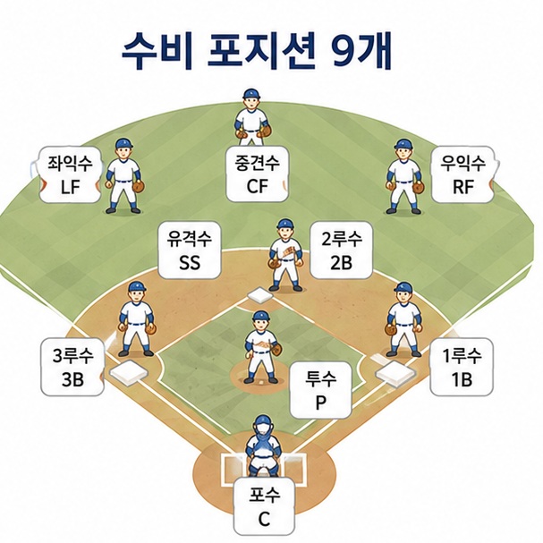 야구장의 투수와 포수, 1루수, 2루수, 3루수, 유격수, 좌익수, 중견수, 우익수 위치와 영문 약어를 정리한 이미지