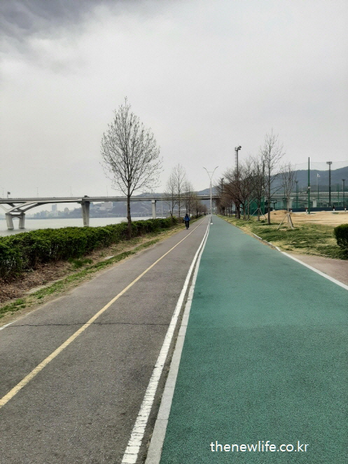 구리 한강시민공원의 탄성 포장 산책로 전경, 암사대교 방향 풍경