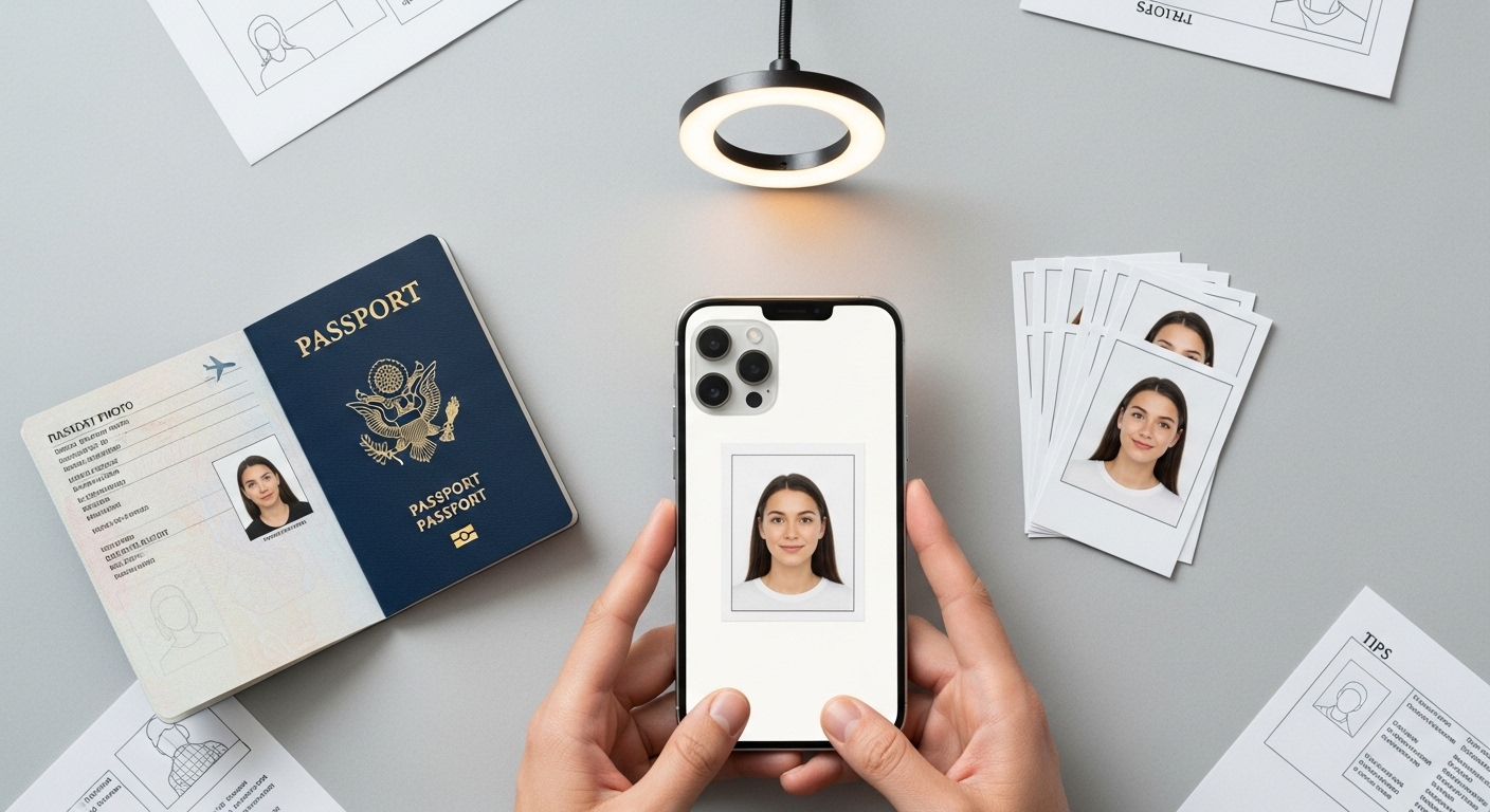 아이폰 화면에 여권사진이 보이고, 여권과 여러 장의 인화된 여권사진이 책상 위에 정돈되어 놓인 모습