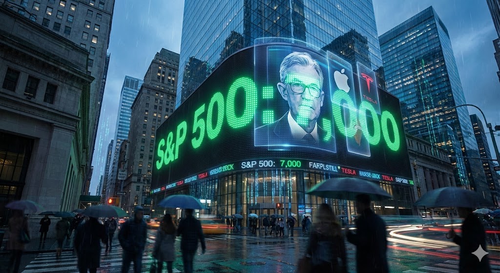 7,000이라는 숫자가 선명한 S&amp;P 500 전광판과 파월 의장, 그리고 테슬라/애플 로고가 겹쳐진 긴박한 배경 이미지