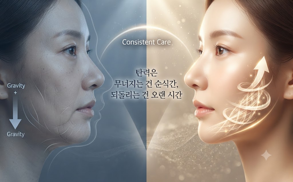 "얼굴 탄력 관리를 강조하는 이미지. 왼쪽은 처진 피부를 중력과 함께 표현하고, 오른쪽은 건강하게 리프팅되어 탄력이 개선된 모습을 대비시켜 보여줌."