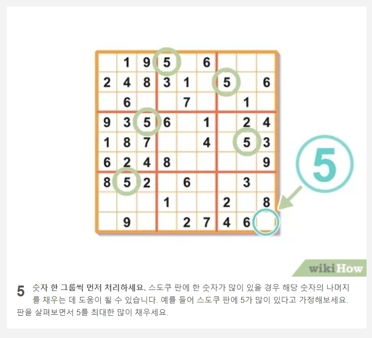 여러 사각형에 배치된 숫자 5를 통해 정답을 유추하는 방법