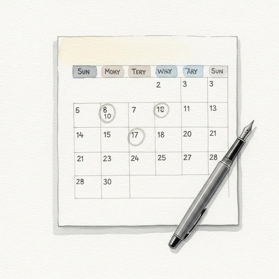 계획을 세우는 듯한 캘린더와 펜의 이미지