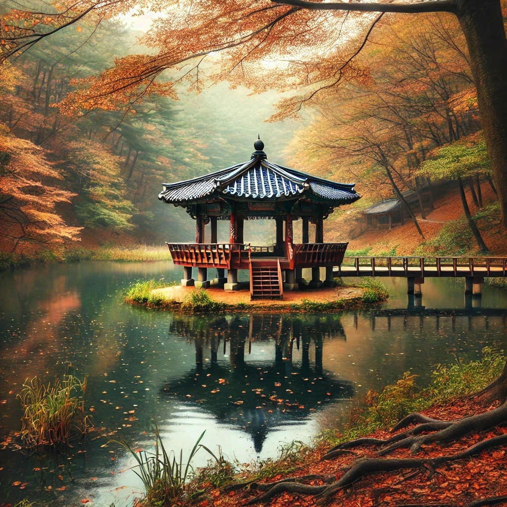 가을의 화담숲 연못 옆에 위치한 나무 정자, 고요한 풍경
