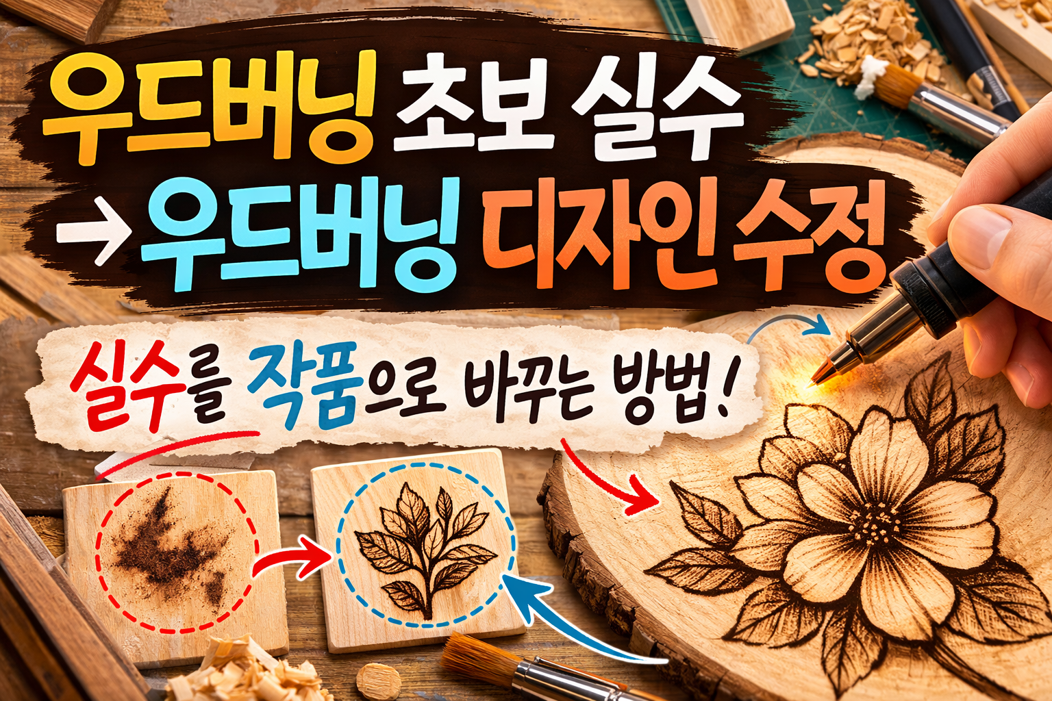 우드버닝 초보 실수, 디자인 수정으로 살리는 방법