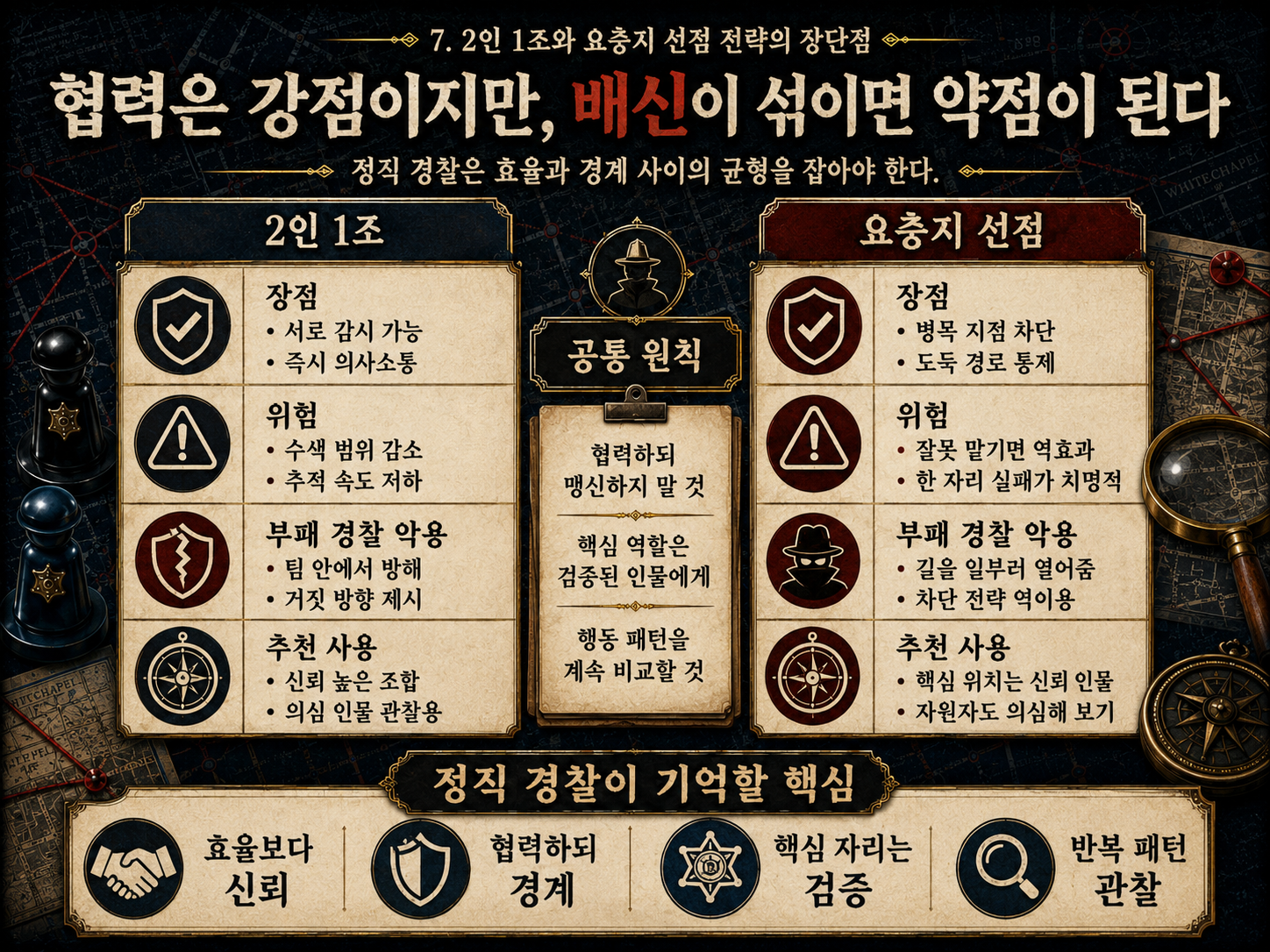 화이트홀 미스터리 배신의 그림자 2인 1조와 요충지 선점 전략 장단점 비교 인포그래픽