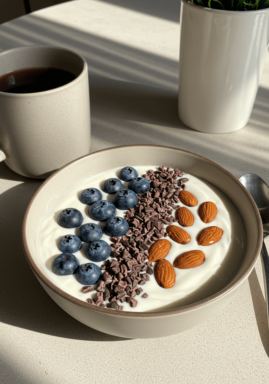 요거트 위에 토핑된 카카오닙스와 블루베리