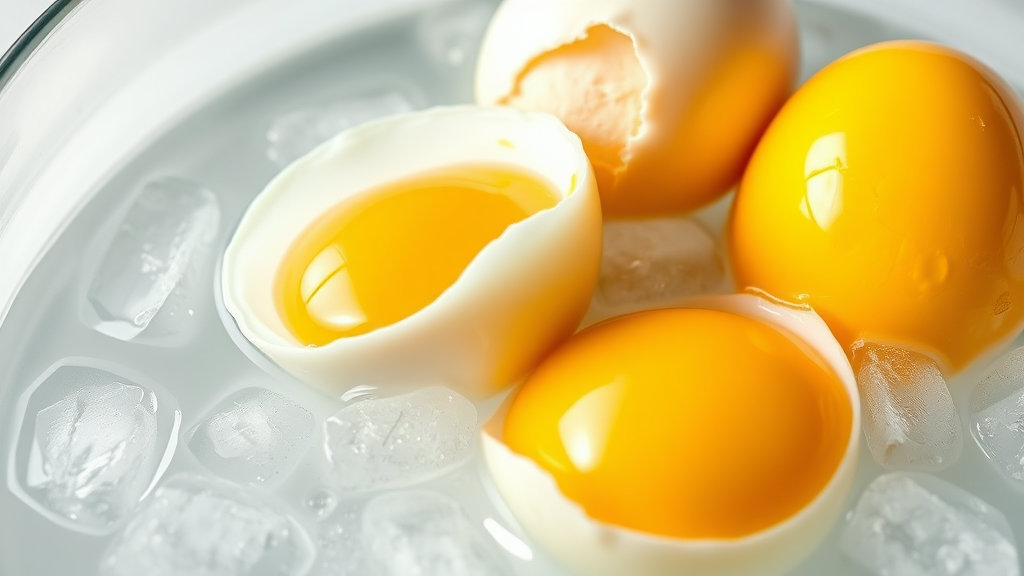 완벽하게 삶아진 계란들이 얼음물에 담겨 시원하게 식혀지는 순간