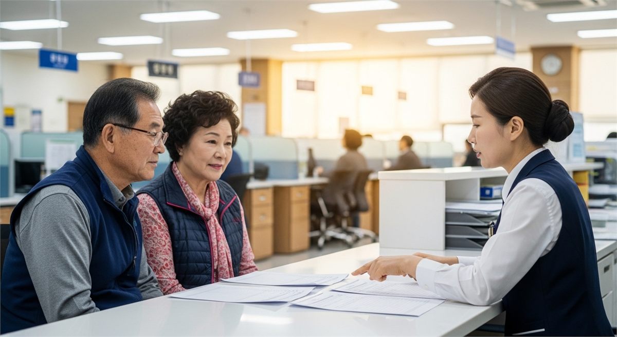 공공 상담창구에서 연금 상담을 받는 한국 시니어 부부