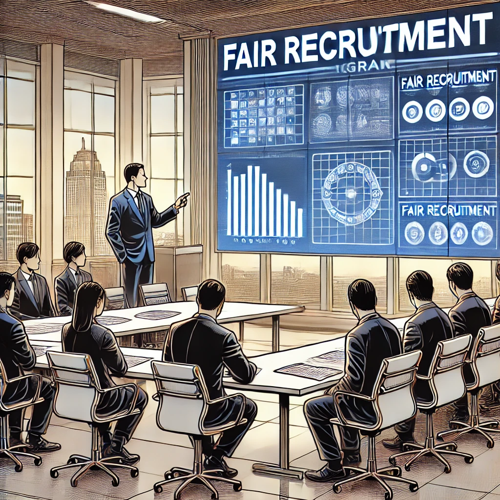 정부 관계자가 공정채용제도 교육 프로그램을 기업 직원들에게 발표하는 장면