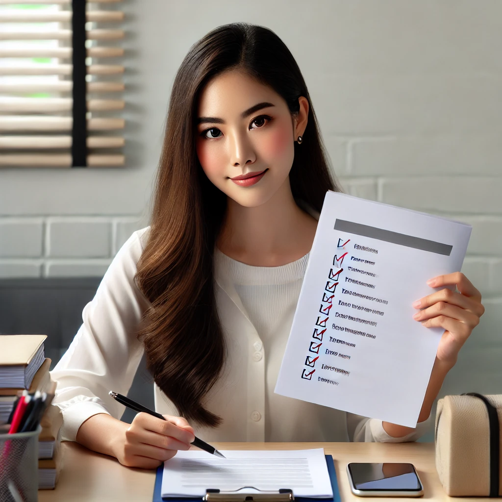 30대 초반의 한국 여성이 정리된 책상에 앉아 자격증 시험 준비물 체크리스트를 검토하며 자신감 있고 준비된 표정을 짓고 있는 모습