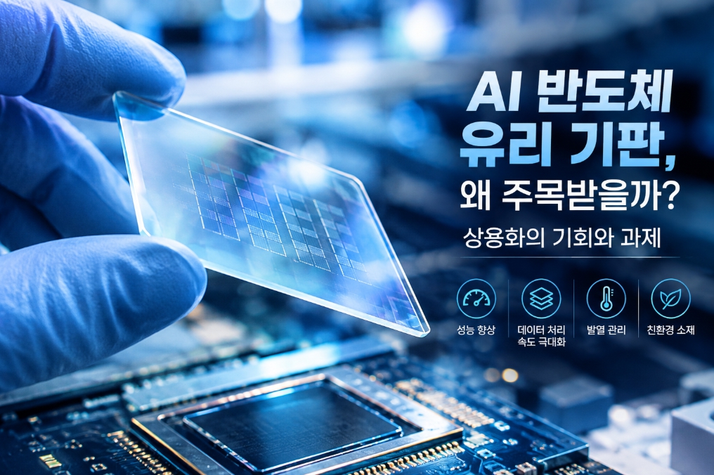 AI 반도체 유리 기판의 구조와 활용 가능성을 표현한 이미지로, 투명한 유리 기판과 반도체 칩, 회로 기판을 통해 데이터 처리 성능 향상과 발열 관리 등 첨단 반도체 패키징 기술의 기대 효과와 상용화 과제를 나타냅니다.