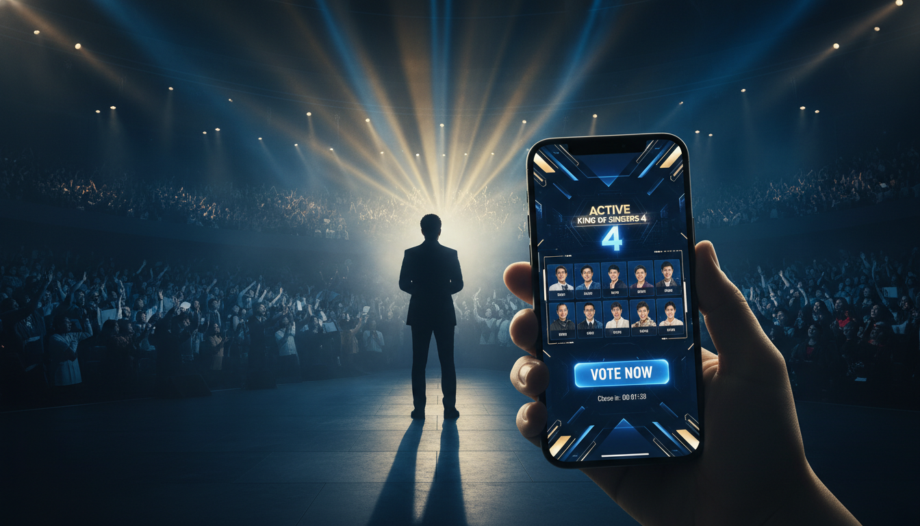 화려한 무대 조명 아래 노래하는 가수의 실루엣과 현역가왕4 실시간 문자 투표 화면이 떠 있는 스마트폰 모습