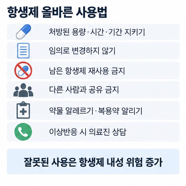 항생제를 처방대로 복용하고 남은 약 재사용 금지 다른 사람과 공유 금지 이상반응 확인과 항생제 내성 주의를 정리한 이미지