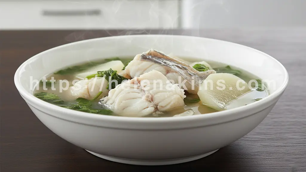 맑고 시원해 보이는 대구탕이 고급스러운 백자 그릇에 담겨 있다. 큼직한 대구살과 무, 미나리가 조화롭게 어우러져 개운하고 깔끔한 맛을 시각적으로 표현한 이미지.