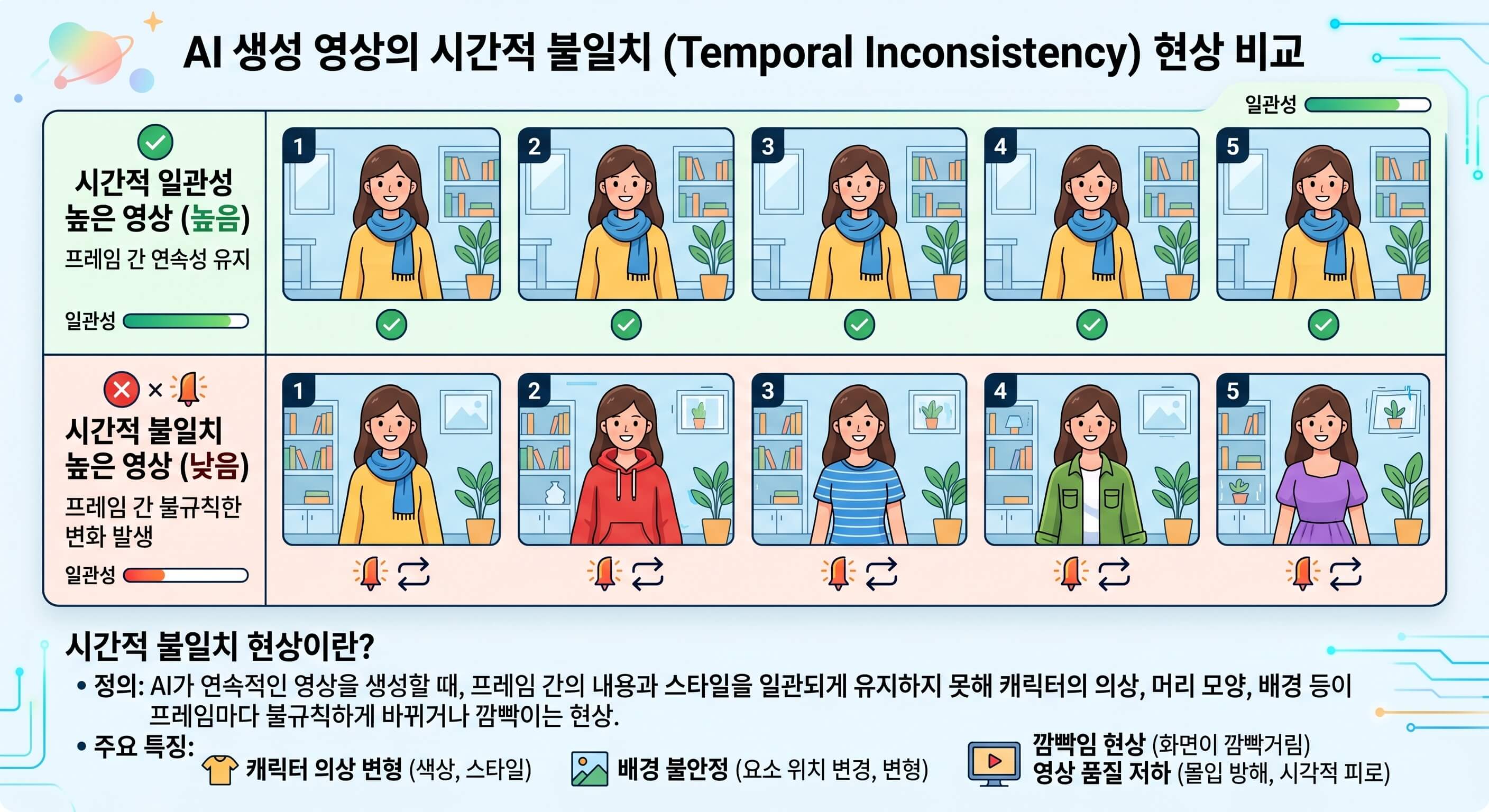 생성형 AI 영상 제작의 기술적 한계인 시간적 일관성 결여 사례 분석