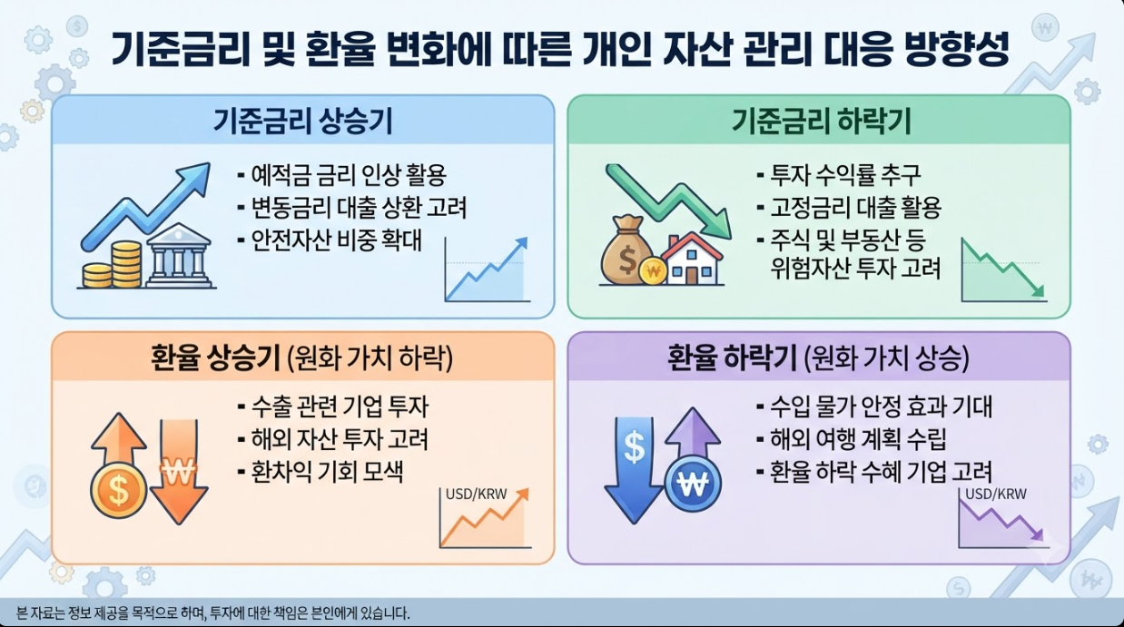 기준금리 및 환율 변화에 따른 개인 자산 관리 대응 방향성 안내 이미지