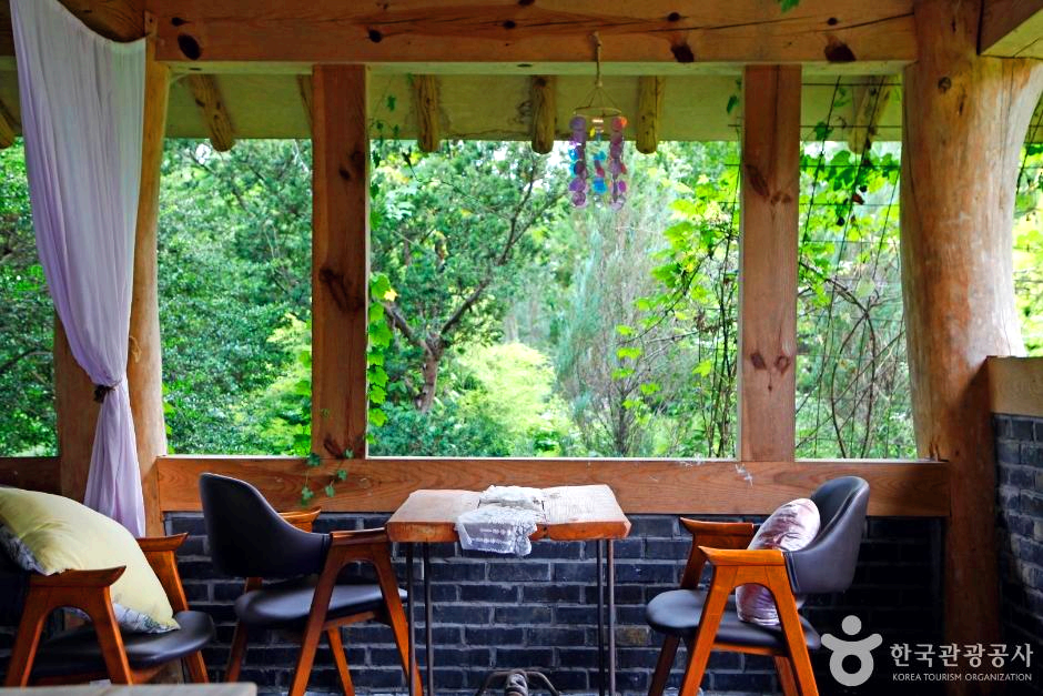 카페 안 테이블과 의자 두개가 있고 창문으로 숲이 보인다.
