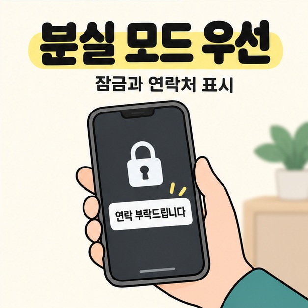 분실 모드 우선과 잠금과 연락처 표시 문구 아래 손에 든 스마트폰의 잠금 화면에 자물쇠와 연락 부탁드립니다 메시지가 표시된 삽화