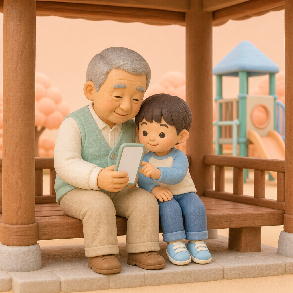 놀이터 옆 정자에서 손주와 함께 휴대폰 사진을 넘겨 보는 할아버지