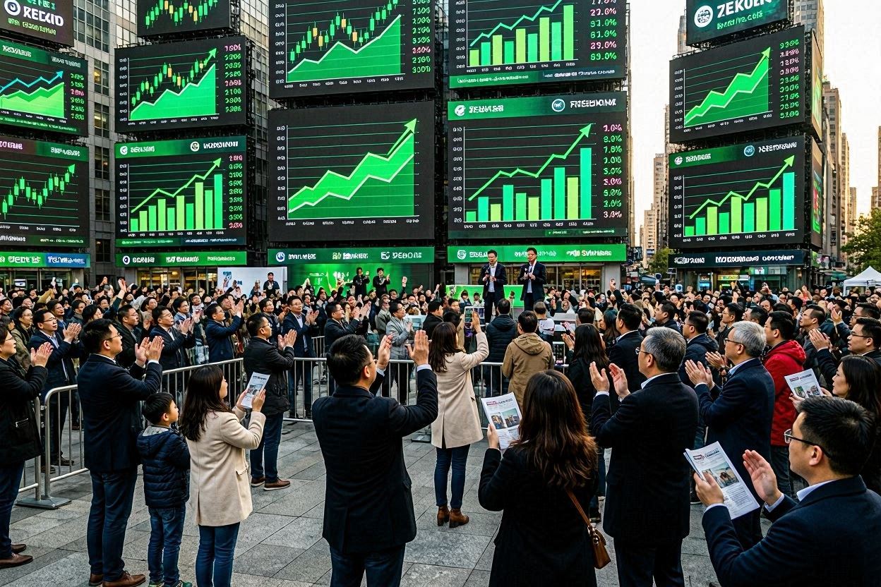 주식 시장의 큰 호재로 인해 환호하는 대중들과 배경으로는 주식시장의 초대형 전광판에 치솟는 차트 그래프를 표현