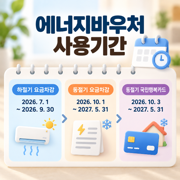 2026 에너지바우처 하절기 요금차감과 동절기 요금차감 및 국민행복카드 사용기간을 안내하는 이미지