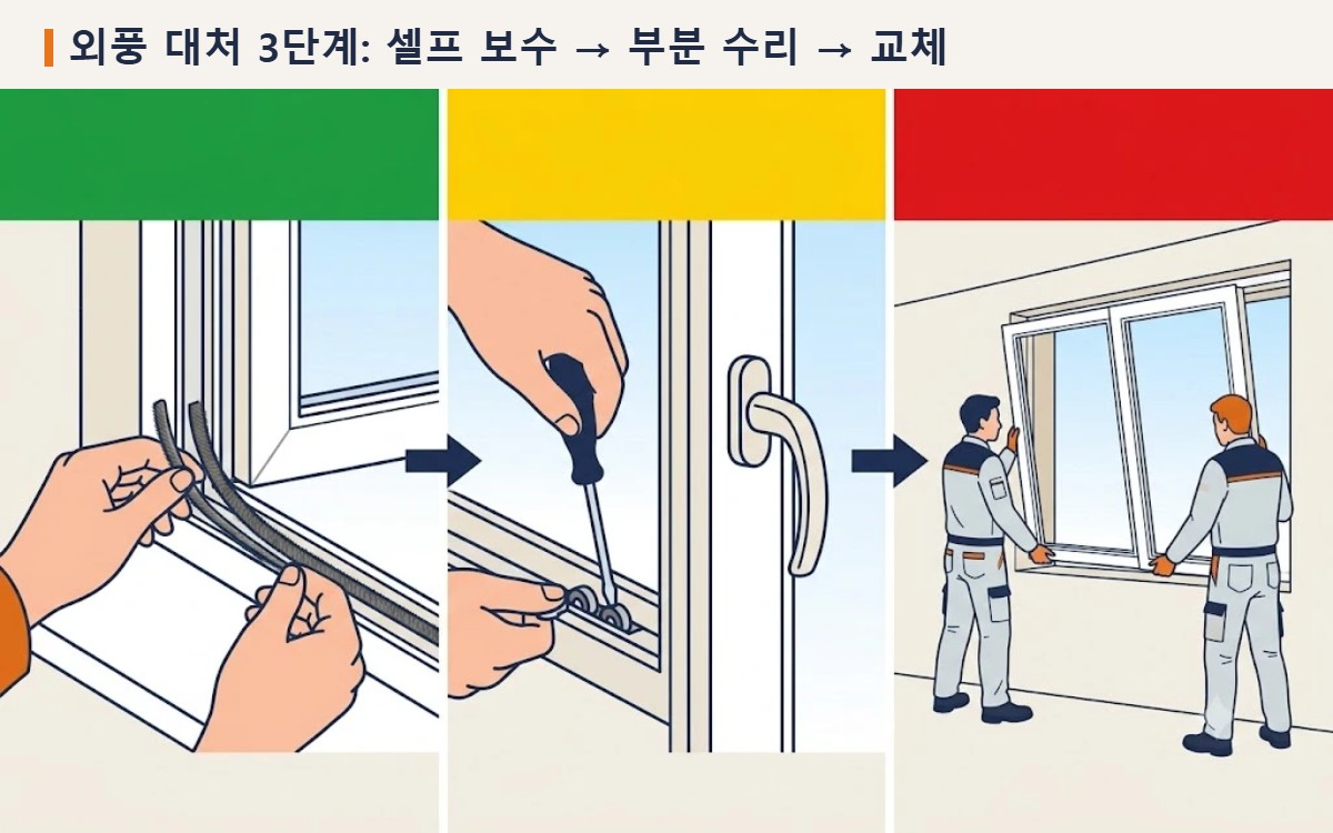 모헤어 끼우기, 창짝 롤러 수리, 새 창틀 설치로 이어지는 외풍 대처 3단계
