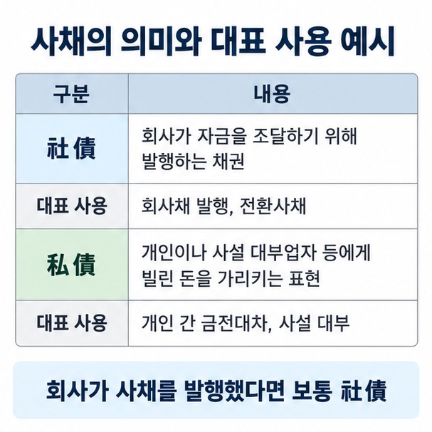 한자 社債는 회사가 발행하는 채권이고 私債는 개인이나 사설 대부를 통한 금전대차를 가리킴을 비교한 표