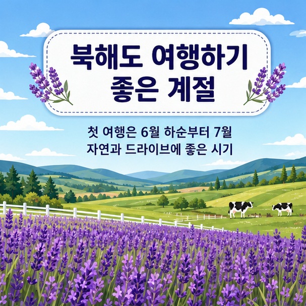 라벤더와 넓은 초원이 펼쳐진 북해도 여름 풍경을 통해 첫 여행에는 6월 하순부터 7월이 비교적 무난한 시기임을 보여 주는 그림